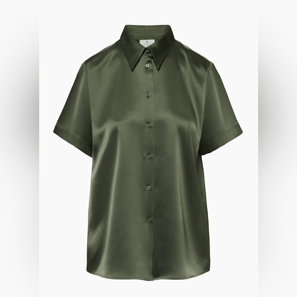 Aritzia Babaton Prevail Satin Shirt NEW /UNWORN Dark Olive Size: XL